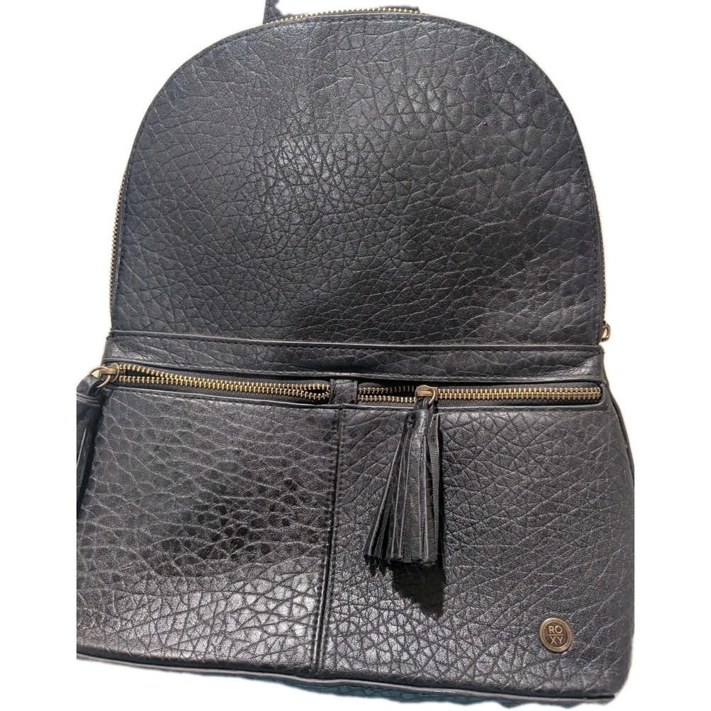Roxy Black Pebbled Faux Leather Mini Backpack Purse Tassel Zip Women's